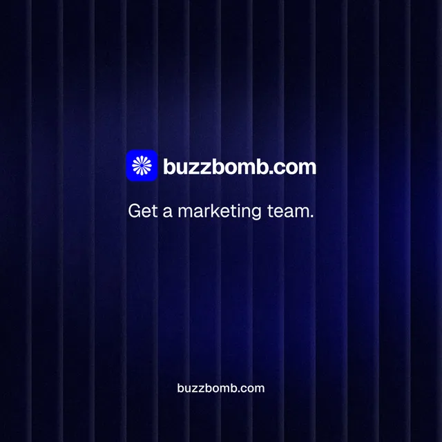 Instagram post for BuzzBomb: "Get a marketing team." Minimal luxury style, end card layout, dark palette in black, blue.