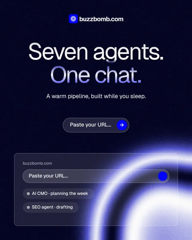 Instagram portrait post for BuzzBomb: "Seven agents. One chat." Agentic glass style, centred layout, dark palette in black, blue.