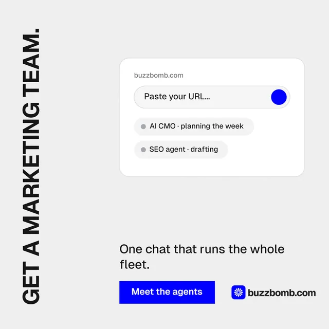 Instagram post for BuzzBomb: "Get a marketing team." Swiss style, vertical layout, light palette in white, blue.
