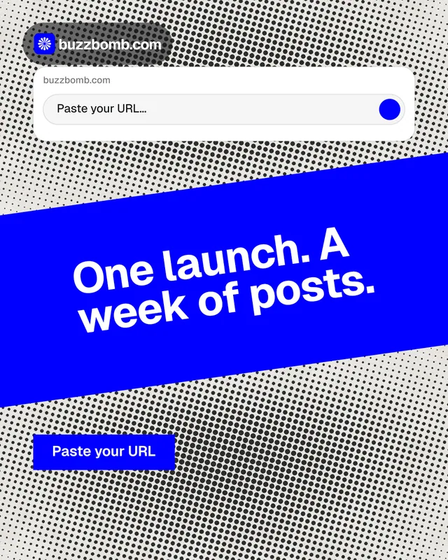Instagram portrait post for BuzzBomb: "One launch. A week of posts." Swiss style, diagonal layout, light palette in grey, blue, white.