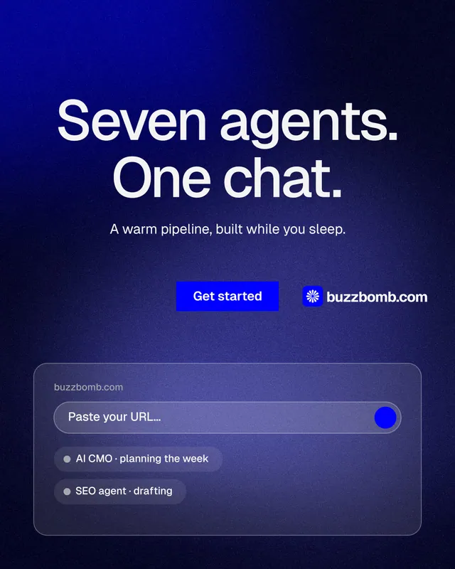 Instagram portrait post for BuzzBomb: "Seven agents. One chat." Swiss style, centred layout, dark palette in blue, black.