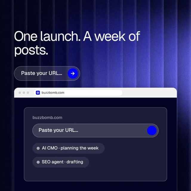 Instagram post for BuzzBomb: "One launch. A week of posts." Agentic glass style, browser layout, dark palette in black, blue.