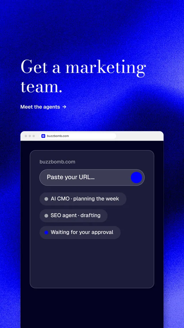 Instagram story for BuzzBomb: "Get a marketing team." Minimal luxury style, browser layout, dark palette in blue.