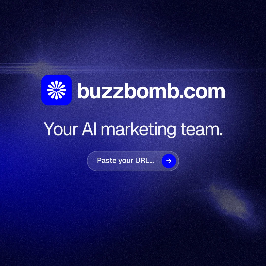 Instagram post for BuzzBomb: "Your AI marketing team." Agentic glass style, logo hero layout, dark palette in black, blue.