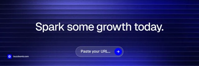 X header for BuzzBomb: "Spark some growth today." Agentic glass style, centred layout, dark palette in blue.