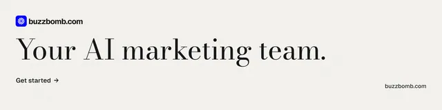 LinkedIn banner for BuzzBomb: "Your AI marketing team." Minimal luxury style, poster layout, light palette in white, grey.