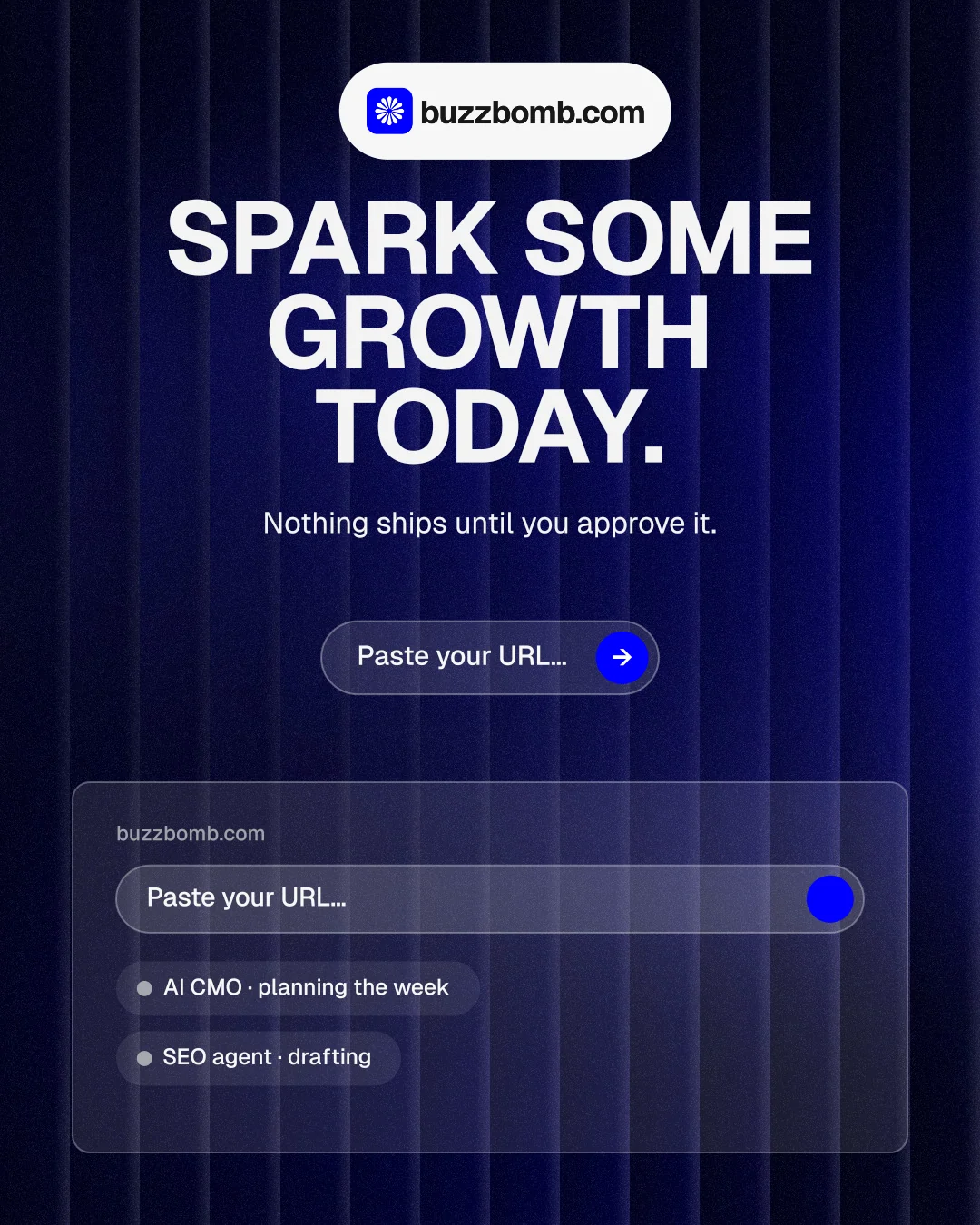 Instagram portrait post for BuzzBomb: "Spark some growth today." Agentic glass style, centred layout, dark palette in black, blue, grey.