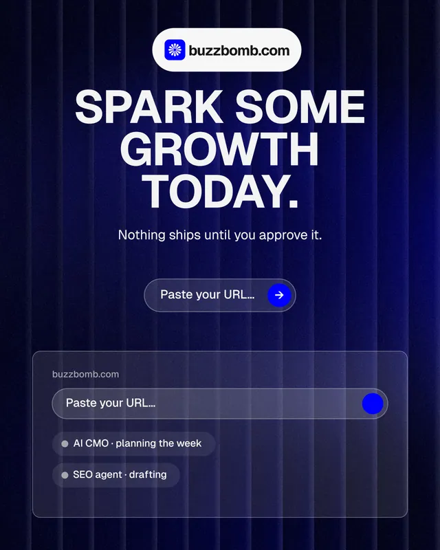 Instagram portrait post for BuzzBomb: "Spark some growth today." Agentic glass style, centred layout, dark palette in black, blue, grey.