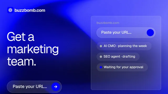 Landscape graphic for BuzzBomb: "Get a marketing team." Agentic glass style, bottom layout, dark palette in blue.