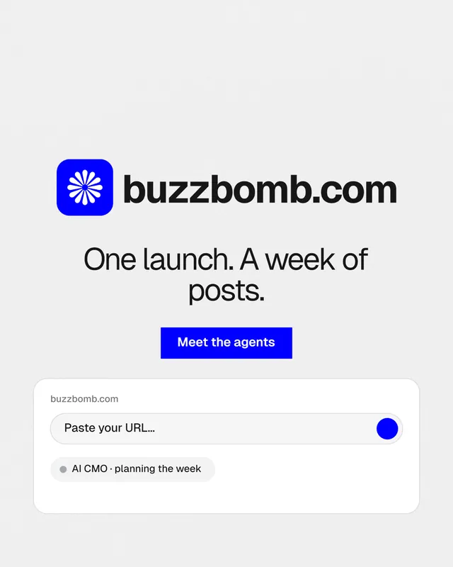 Instagram portrait post for BuzzBomb: "One launch. A week of posts." Swiss style, logo hero layout, light palette in white, blue.