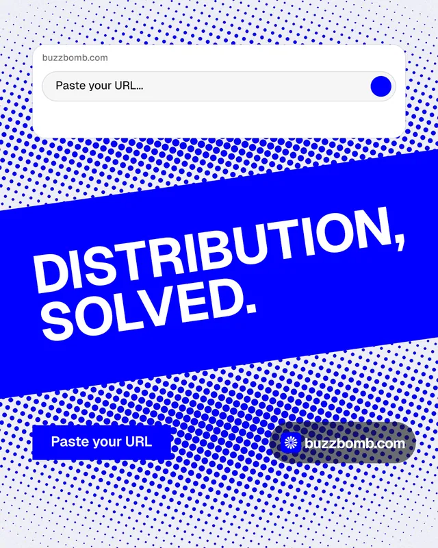 Instagram portrait post for BuzzBomb: "Distribution, solved." Swiss style, diagonal layout, light palette in blue, white.