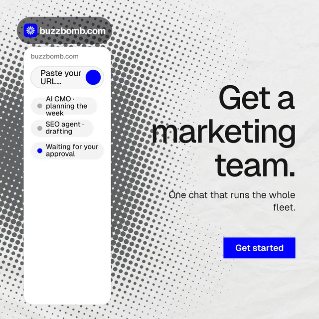 Instagram post for BuzzBomb: "Get a marketing team." Swiss style, right layout, light palette in white, grey.