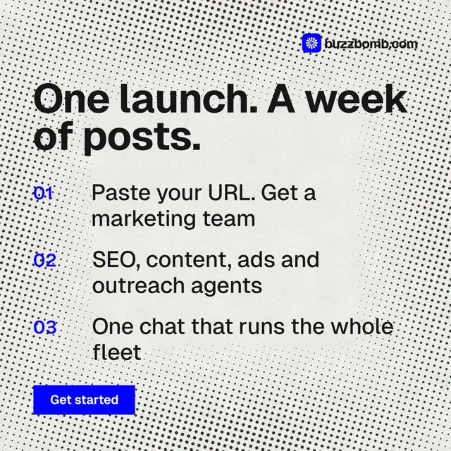 Instagram post for BuzzBomb: "One launch. A week of posts." Swiss style, numbered layout, light palette in white, grey.
