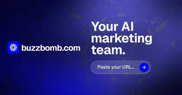 Social ad for BuzzBomb: "Your AI marketing team." Agentic glass style, logo hero layout, dark palette in blue.