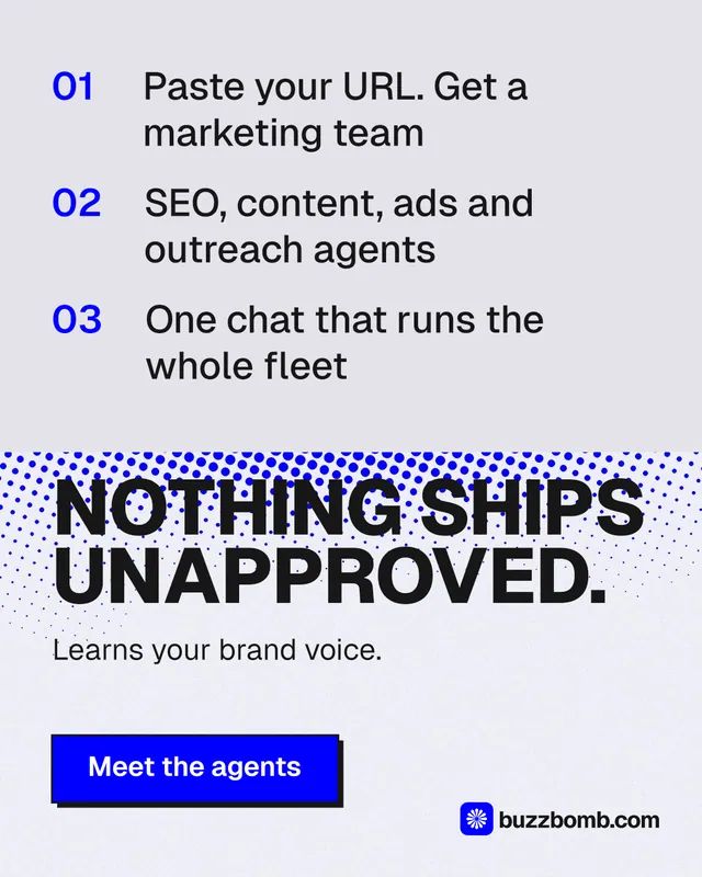 Instagram portrait post for BuzzBomb: "Nothing ships unapproved." Brutalist style, skeleton layout, light palette in white, blue.