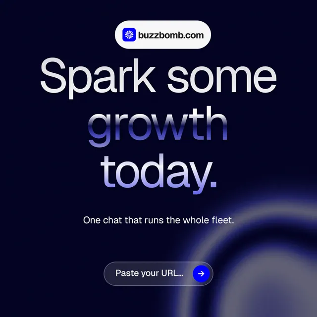 Instagram post for BuzzBomb: "Spark some growth today." Agentic glass style, centred layout, dark palette in black, blue.