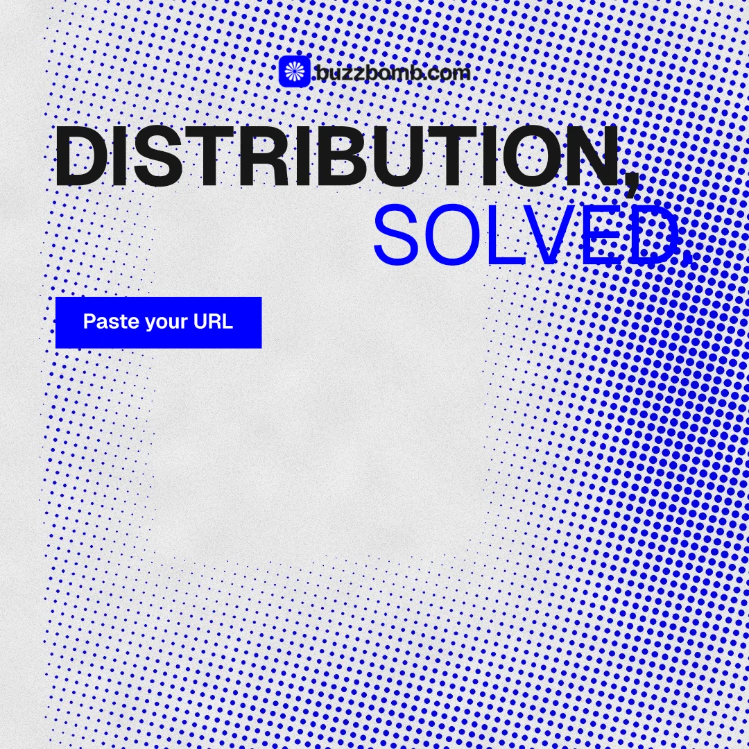 Instagram post for BuzzBomb: "Distribution, solved." Swiss style, stacked layout, light palette in blue, white.
