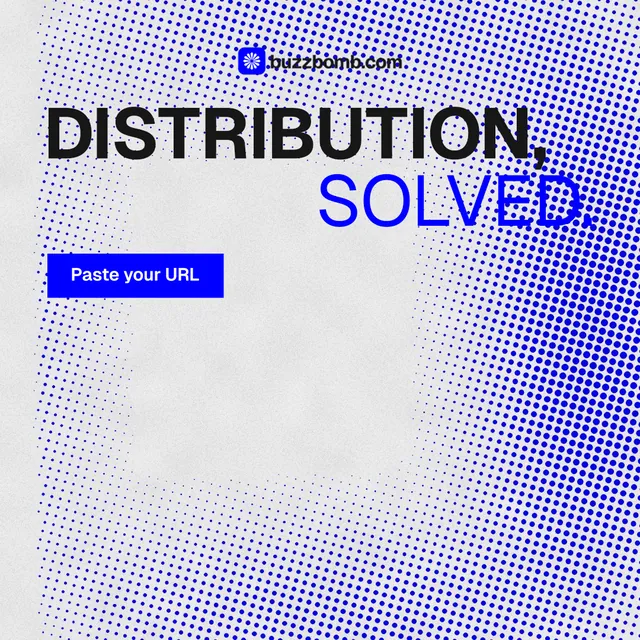 Instagram post for BuzzBomb: "Distribution, solved." Swiss style, stacked layout, light palette in blue, white.