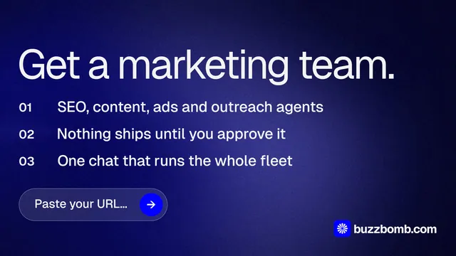 Landscape graphic for BuzzBomb: "Get a marketing team." Agentic glass style, numbered layout, dark palette in blue, black.