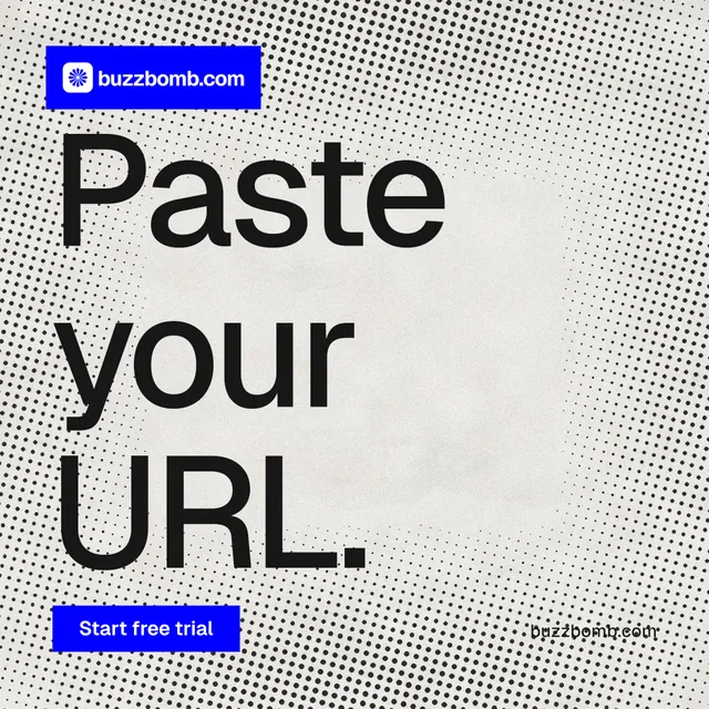 Instagram post for BuzzBomb: "Paste your URL." Swiss style, poster layout, light palette in grey, white.