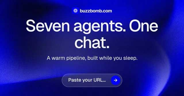Social ad for BuzzBomb: "Seven agents. One chat." Agentic glass style, centred layout, dark palette in blue.
