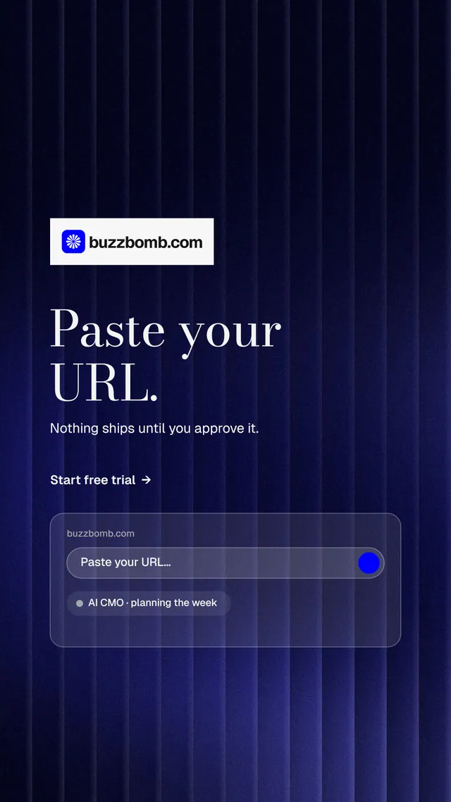 Instagram story for BuzzBomb: "Paste your URL." Minimal luxury style, announce layout, dark palette in blue, black.