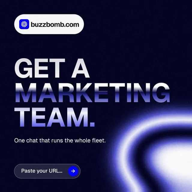 Instagram post for BuzzBomb: "Get a marketing team." Agentic glass style, announce layout, dark palette in black, blue.