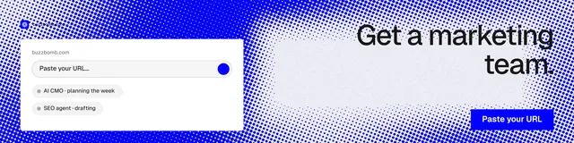 LinkedIn banner for BuzzBomb: "Get a marketing team." Split block style, right layout, light palette in blue, white.