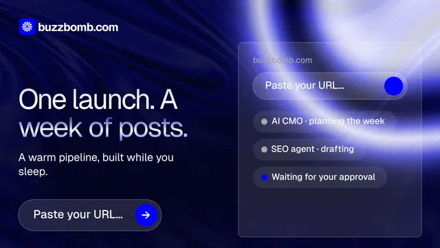 Landscape graphic for BuzzBomb: "One launch. A week of posts." Agentic glass style, bottom layout, dark palette in black, blue.