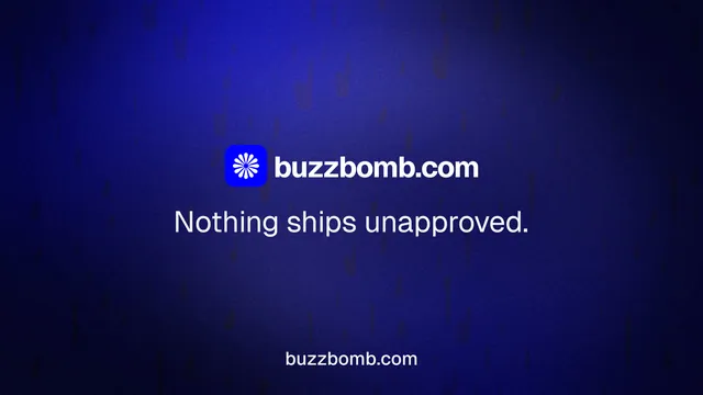 Landscape graphic for BuzzBomb: "Nothing ships unapproved." Swiss style, end card layout, dark palette in black, blue.