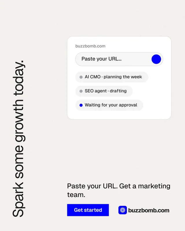 Instagram portrait post for BuzzBomb: "Spark some growth today." Swiss style, vertical layout, light palette in white.