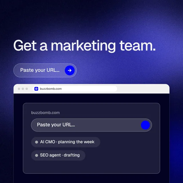 Instagram post for BuzzBomb: "Get a marketing team." Agentic glass style, browser layout, dark palette in blue, black.