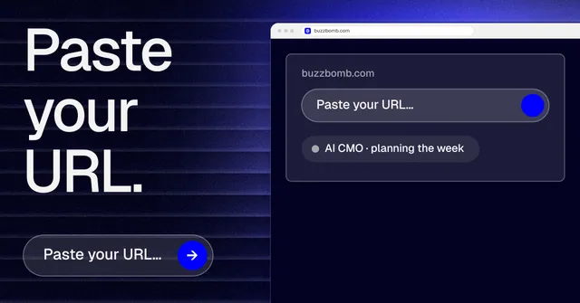 Social ad for BuzzBomb: "Paste your URL." Agentic glass style, browser layout, dark palette in blue, black, grey.