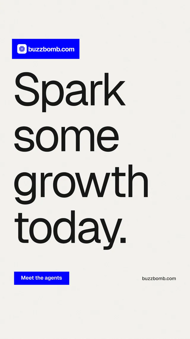Instagram story for BuzzBomb: "Spark some growth today." Swiss style, poster layout, light palette in white, grey.