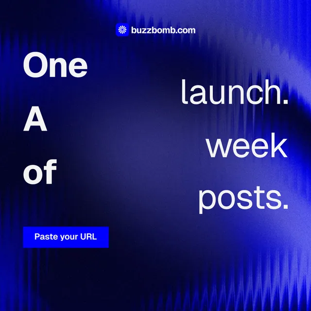 Instagram post for BuzzBomb: "One launch. A week of posts." Swiss style, stacked layout, dark palette in black, blue.