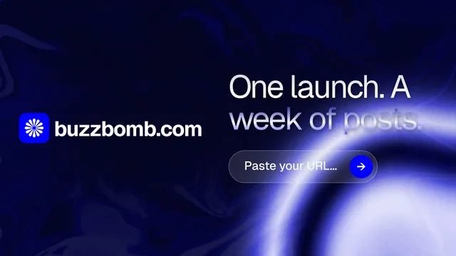 Landscape graphic for BuzzBomb: "One launch. A week of posts." Agentic glass style, logo hero layout, dark palette in black, blue.