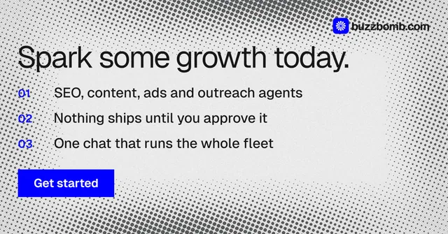 Social ad for BuzzBomb: "Spark some growth today." Swiss style, numbered layout, light palette in grey, white.