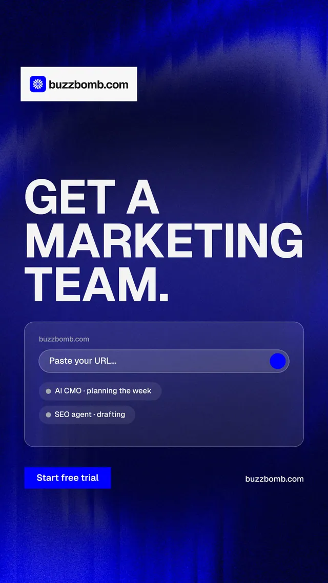 Instagram story for BuzzBomb: "Get a marketing team." Swiss style, poster layout, dark palette in blue.