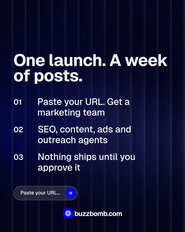 Instagram portrait post for BuzzBomb: "One launch. A week of posts." Agentic glass style, numbered layout, dark palette in black, blue, grey.