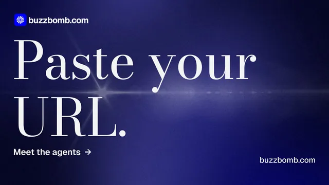 Landscape graphic for BuzzBomb: "Paste your URL." Minimal luxury style, poster layout, dark palette in blue, grey.