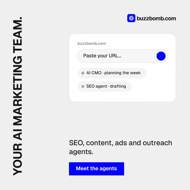 Instagram post for BuzzBomb: "Your AI marketing team." Swiss style, vertical layout, light palette in white, blue.