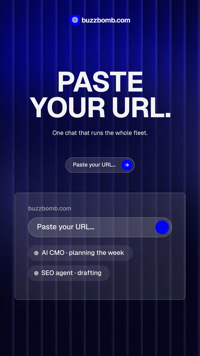Instagram story for BuzzBomb: "Paste your URL." Agentic glass style, centred layout, dark palette in black, blue, grey.