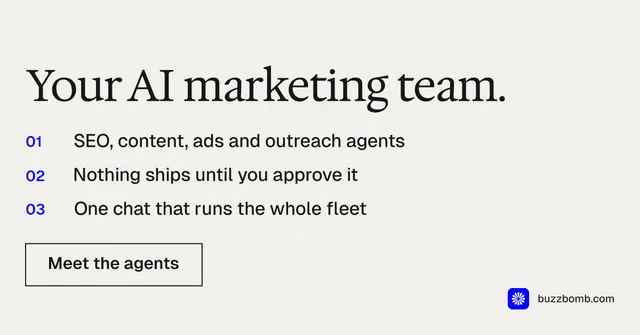 Social ad for BuzzBomb: "Your AI marketing team." Editorial style, numbered layout, light palette in white.