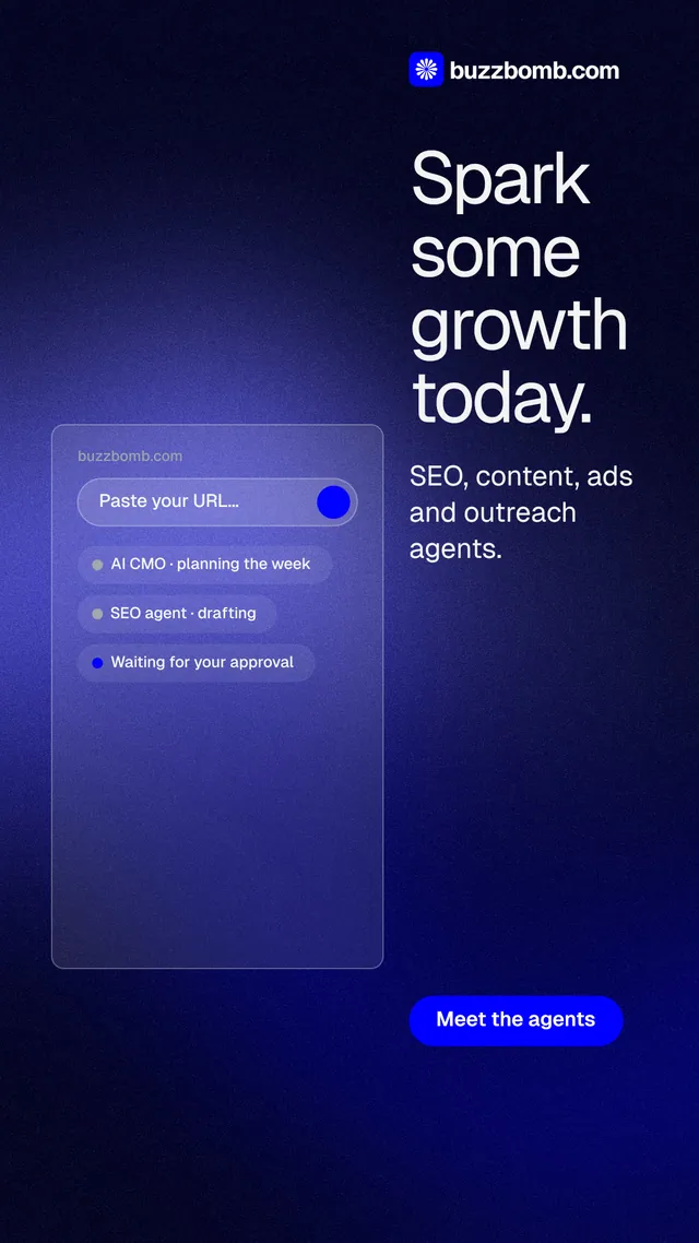 Instagram story for BuzzBomb: "Spark some growth today." Agentic glass style, skeleton layout, dark palette in black, blue.