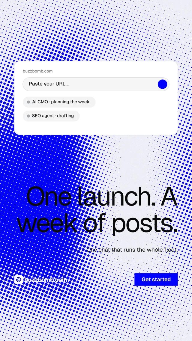 Instagram story for BuzzBomb: "One launch. A week of posts." Swiss style, right layout, light palette in blue, white.