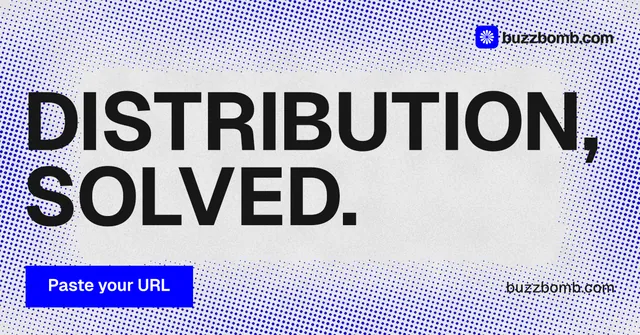 Social ad for BuzzBomb: "Distribution, solved." Swiss style, poster layout, light palette in white, blue.