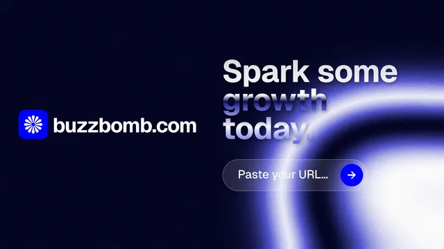 Landscape graphic for BuzzBomb: "Spark some growth today." Agentic glass style, logo hero layout, dark palette in black, blue.