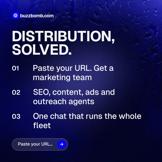 Instagram post for BuzzBomb: "Distribution, solved." Agentic glass style, numbered layout, dark palette in black, blue, grey.