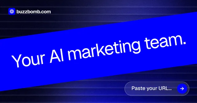 Social ad for BuzzBomb: "Your AI marketing team." Agentic glass style, diagonal layout, dark palette in blue.