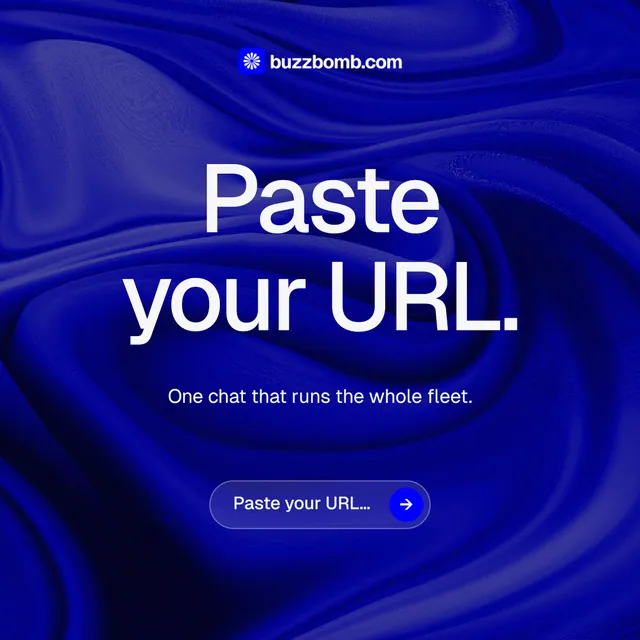 Instagram post for BuzzBomb: "Paste your URL." Agentic glass style, centred layout, dark palette in blue.